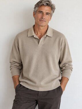 Magaschoni Man 100% Cotton Knit Polo Sweater Beige Men's Size M PTP 23
